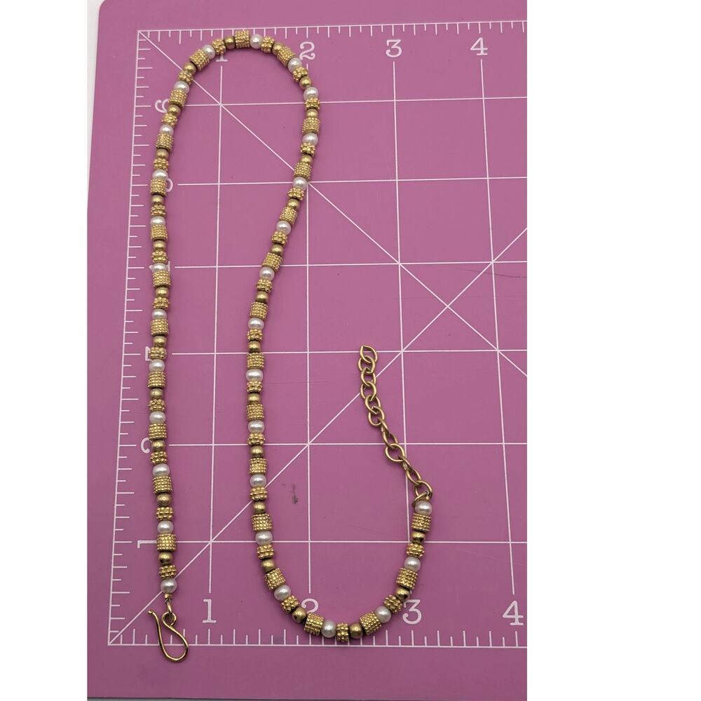 Gold Tone Faux Pearl Beaded Necklace Adjustable Choker 16in - Picture 7 of 8